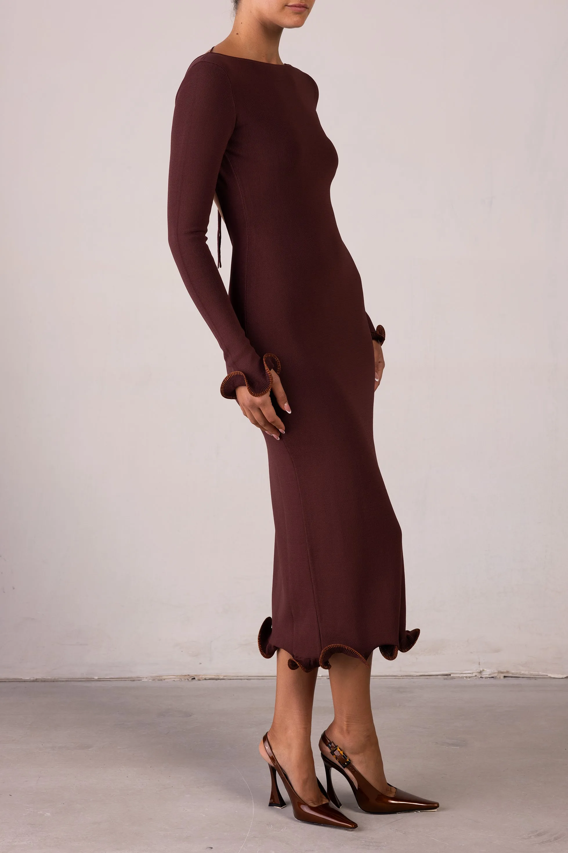 Ruffle Hem Midi Dress (Chocolate Brown/Brown Lurex) sold by SAME product image thumbnail 4