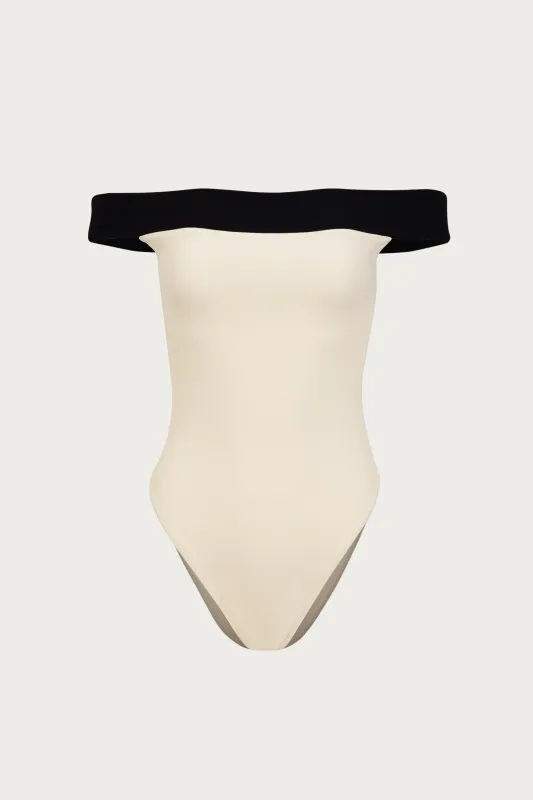 Off Shoulder One Piece (Faux Suede Cream/Black) sold by SAME