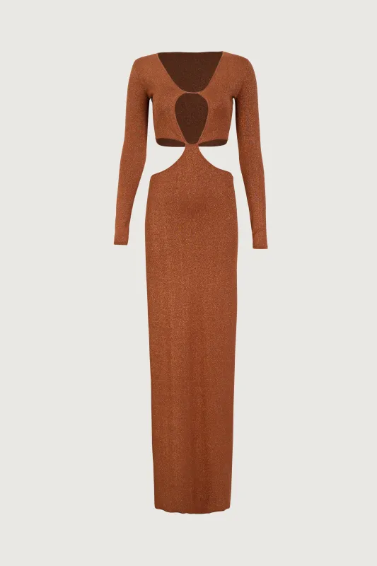Long Sleeve Cut Out Maxi Dress (Mocha Lurex) sold by SAME