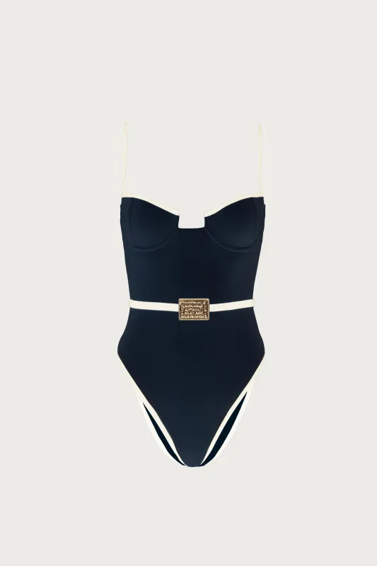 Belted One Piece (Faux Suede Black/Cream) sold by SAME