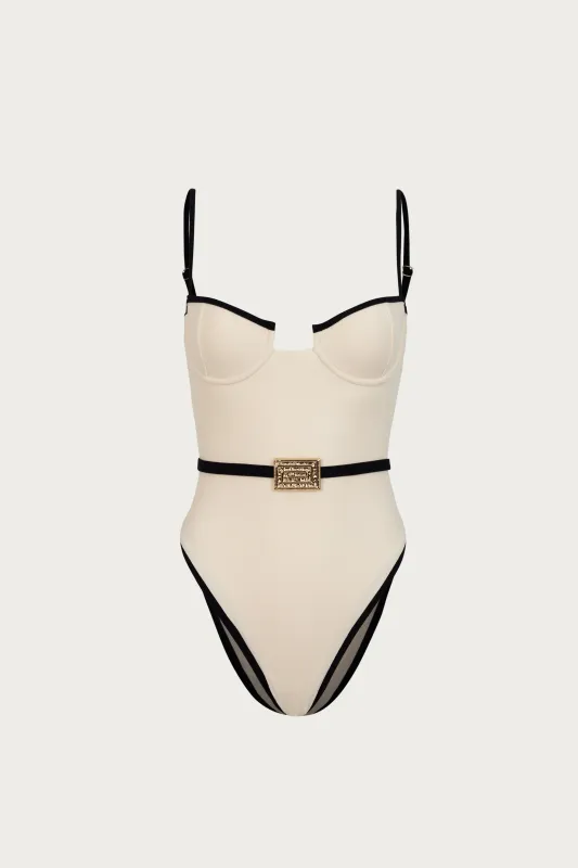 Belted One Piece (Faux Suede Cream/Black) sold by SAME