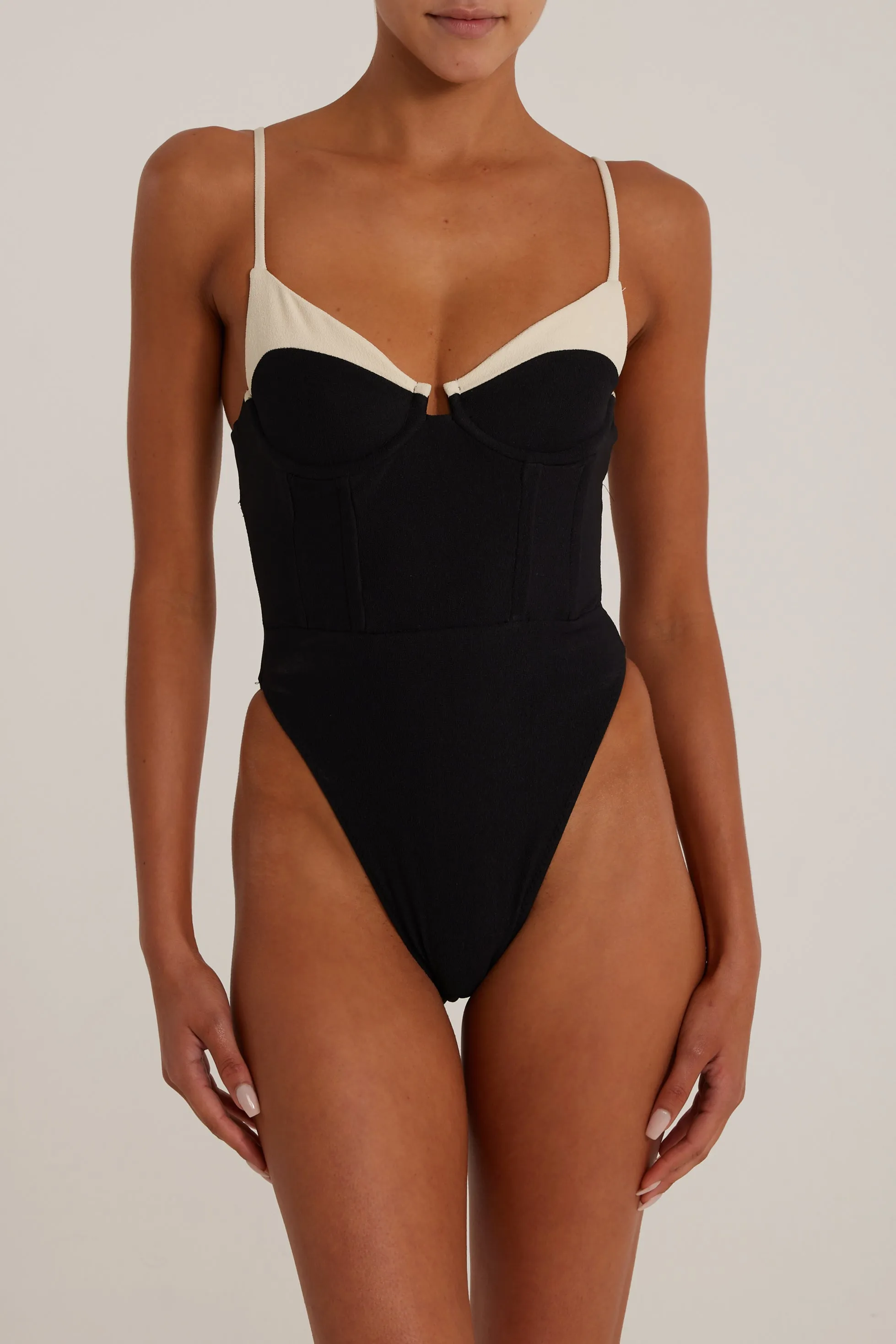 Double Layer Corset One Piece (Faux Suede Black/Cream) sold by SAME product image thumbnail 3