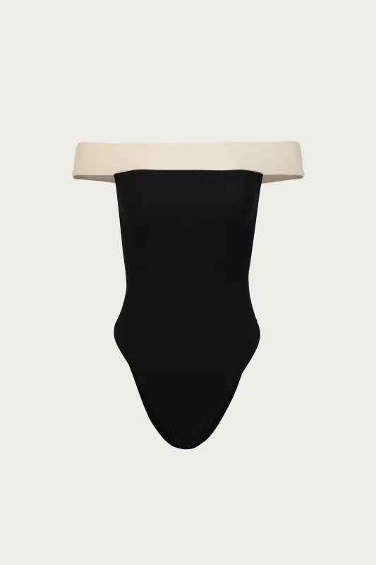 Off Shoulder One Piece (Faux Suede Black/Cream) sold by SAME