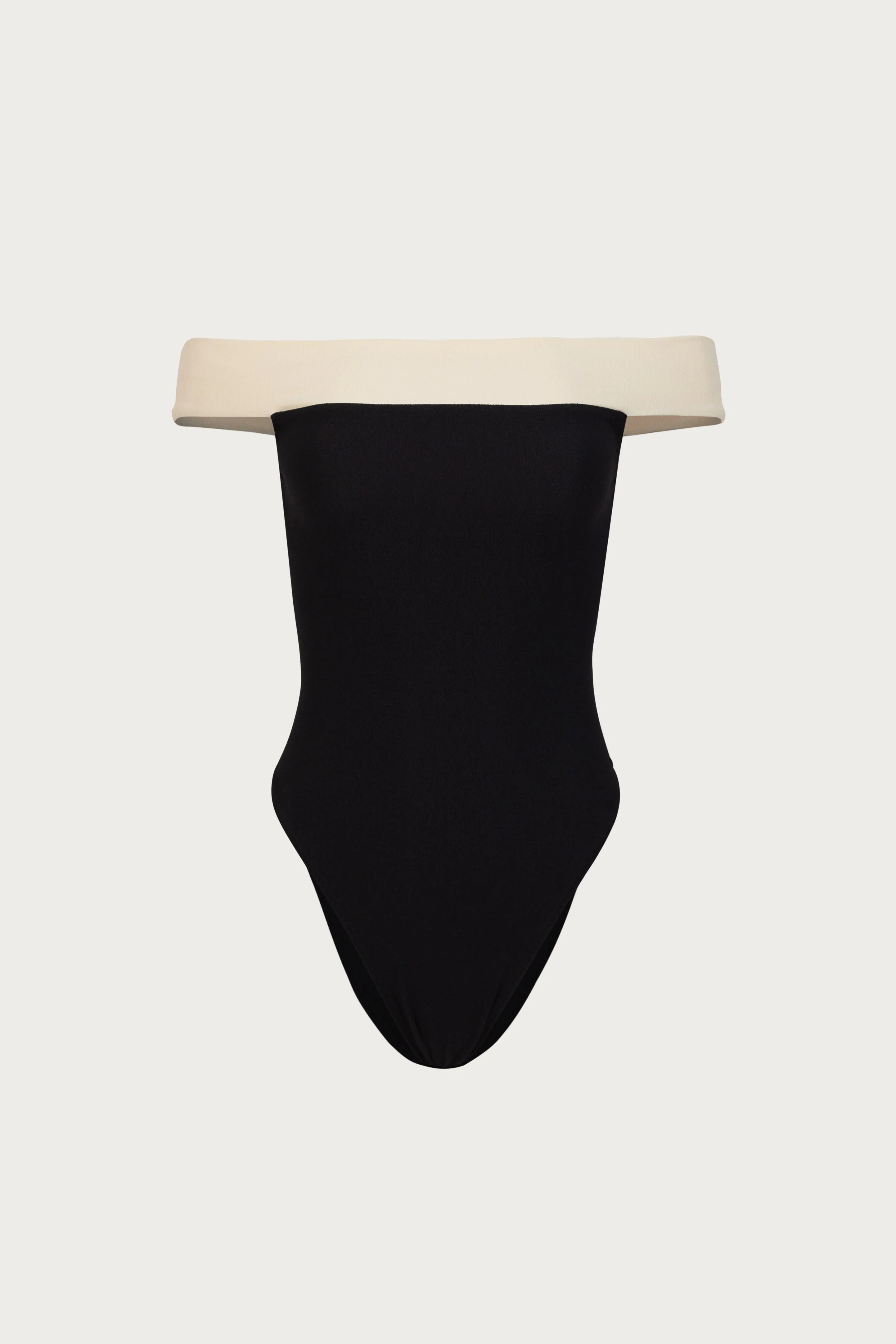 Off Shoulder One Piece (Faux Suede Black/Cream) sold by SAME