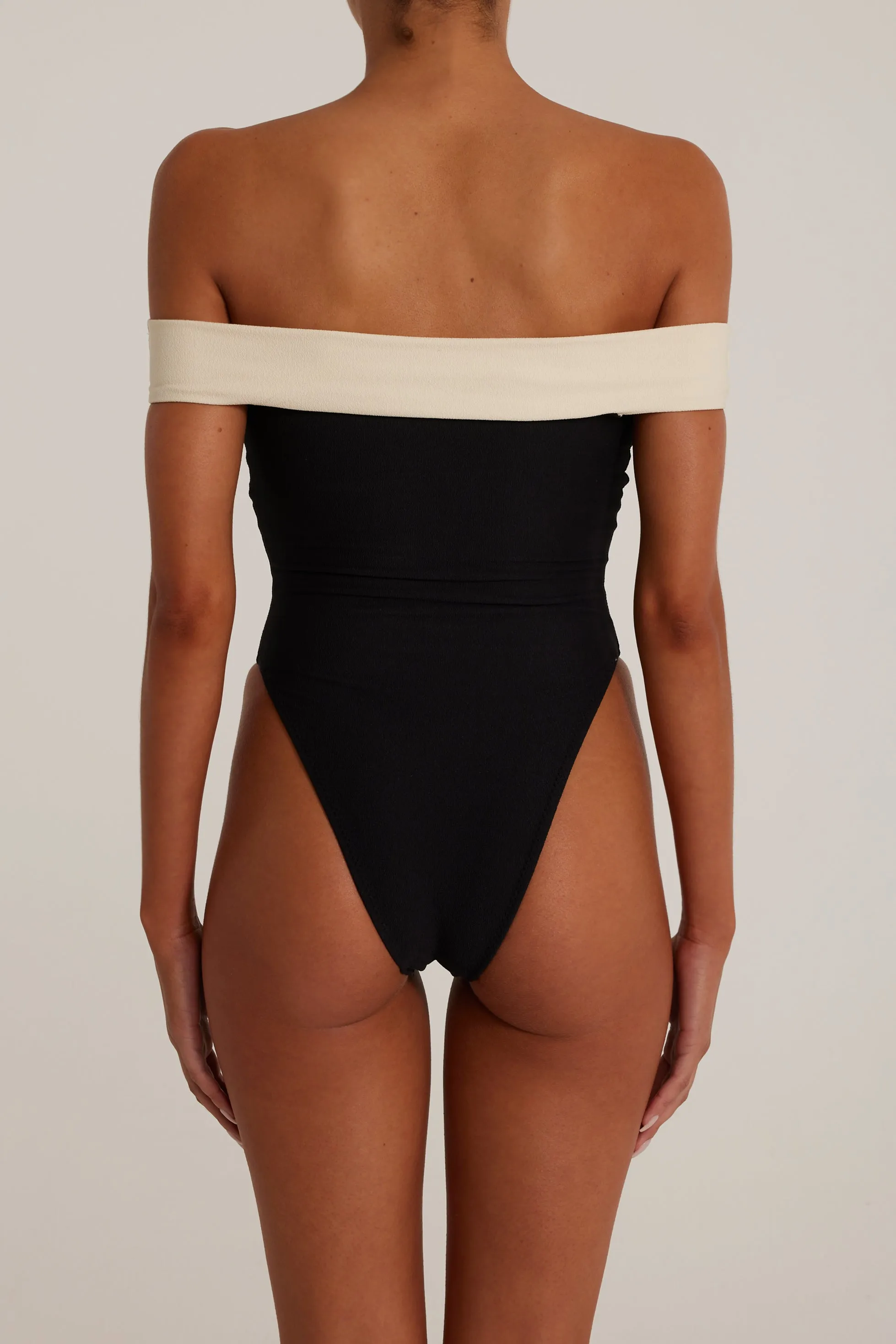 Off Shoulder One Piece (Faux Suede Black/Cream) sold by SAME product image thumbnail 4