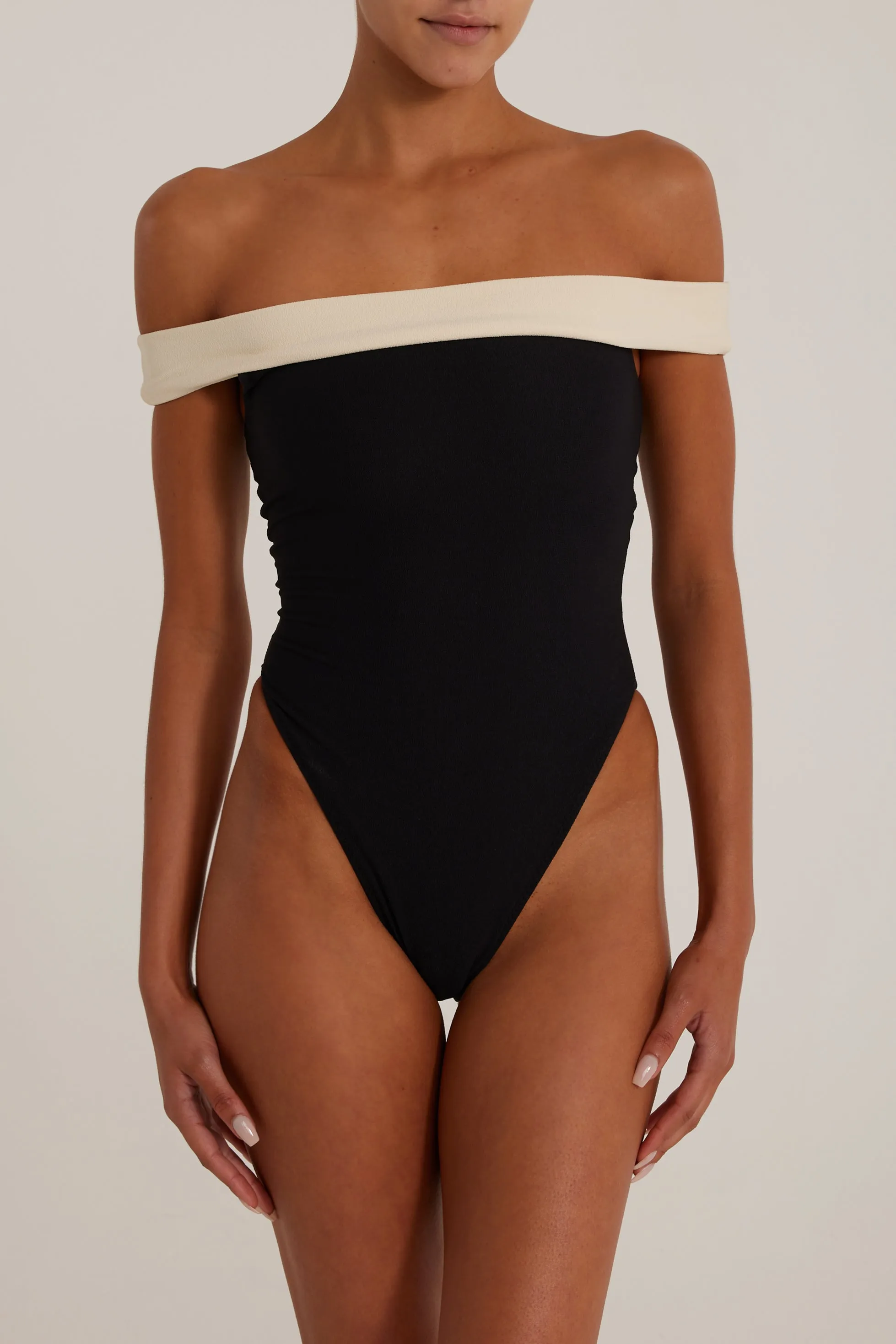 Off Shoulder One Piece (Faux Suede Black/Cream) sold by SAME product image thumbnail 3
