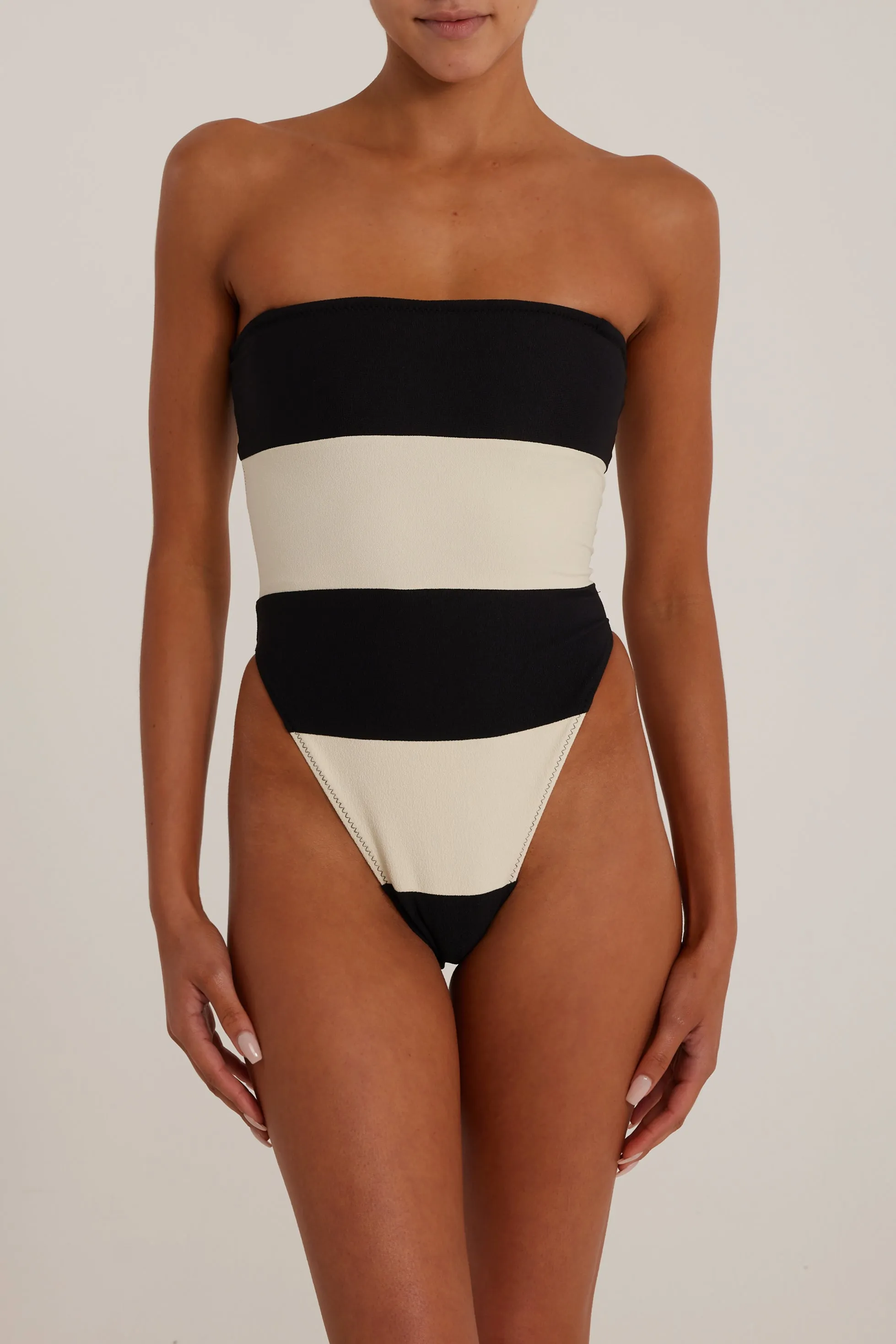 Stripe Strapless One Piece (Faux Suede Black/Cream) sold by SAME product image thumbnail 3