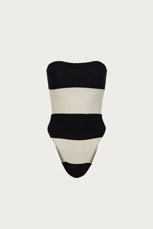 Stripe Strapless One Piece (Faux Suede Black/Cream) sold by SAME