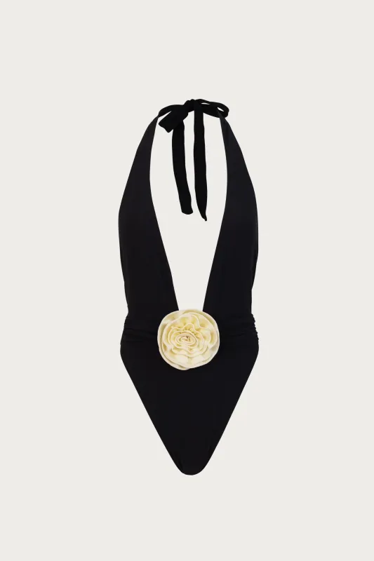 Rosette V One Piece (Faux Suede Black/Cream) sold by SAME