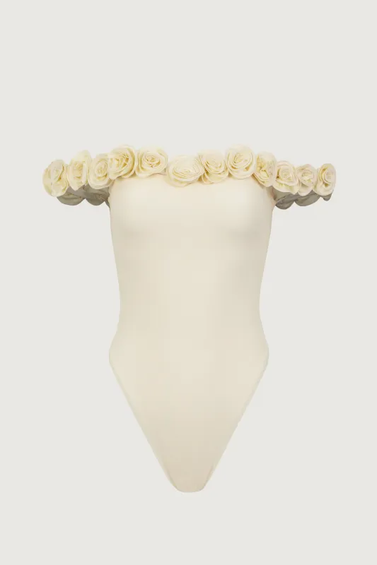 Rosette Off Shoulder One Piece (Faux Suede Cream/Cream) sold by SAME