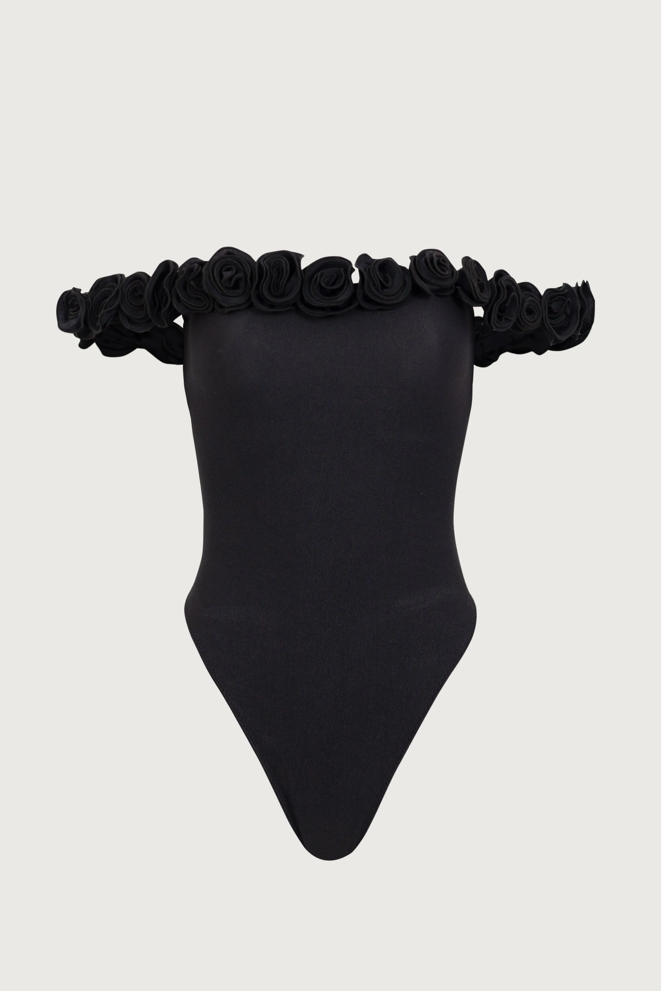Rosette Off Shoulder One Piece (Faux Suede Black/Black) sold by SAME