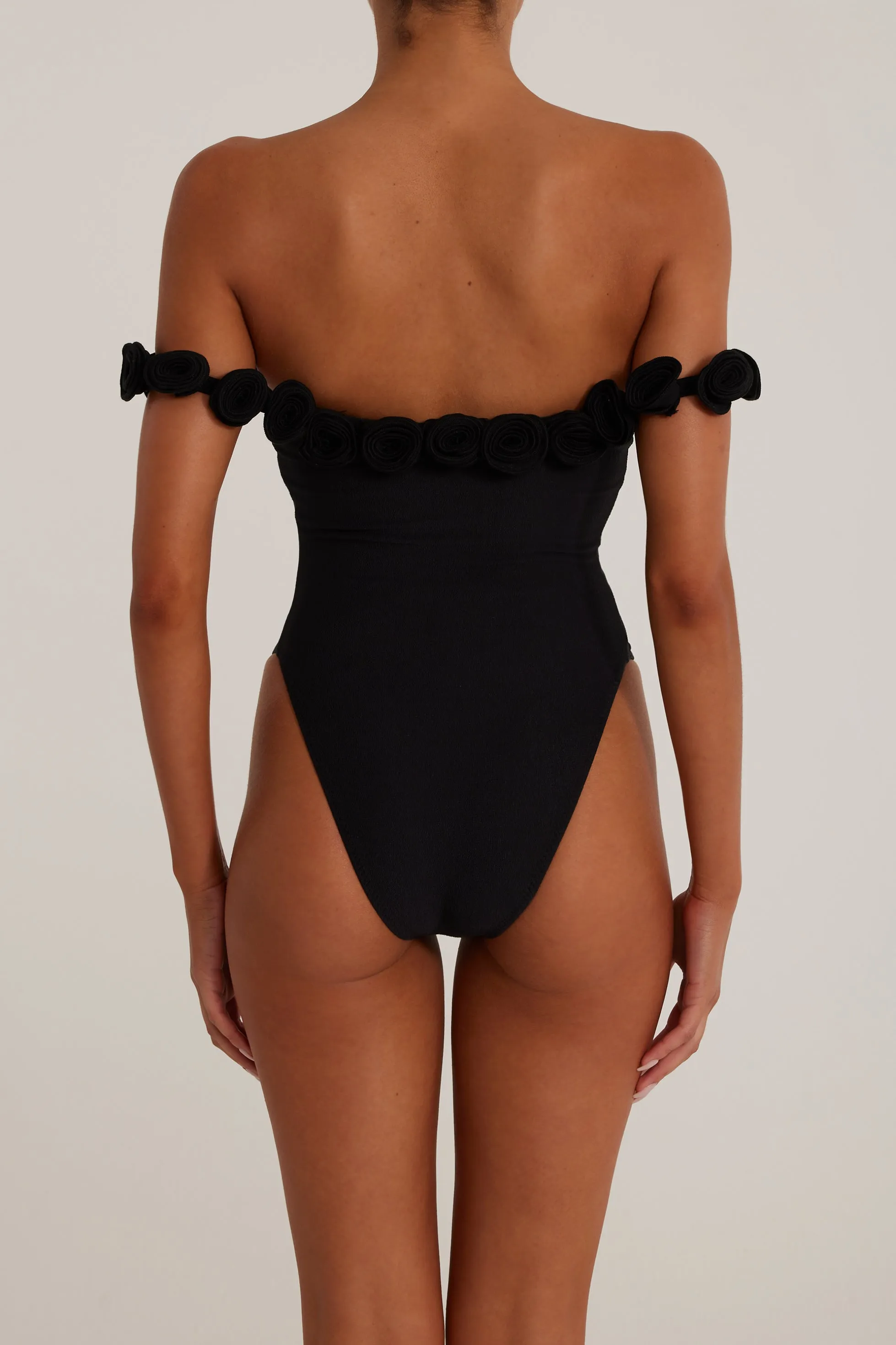Rosette Off Shoulder One Piece (Faux Suede Black/Black) sold by SAME product image thumbnail 5