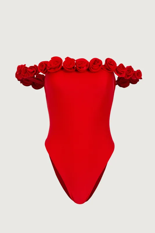 Rosette Off Shoulder One Piece (Scarlet Red/Red) sold by SAME