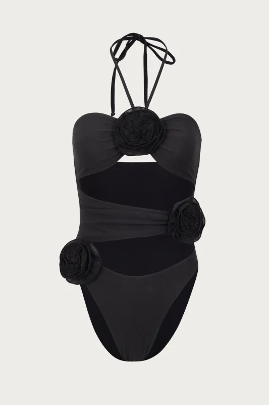 Rose Cut Out One Piece (Faux Suede Black/Black) sold by SAME