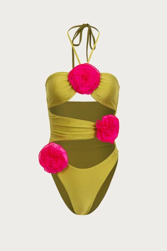 Rose Cut Out One Piece (Green/Fuchsia) sold by SAME