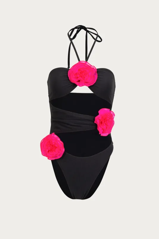 Rose Cut Out One Piece (Faux Suede Black/Fuchsia) sold by SAME