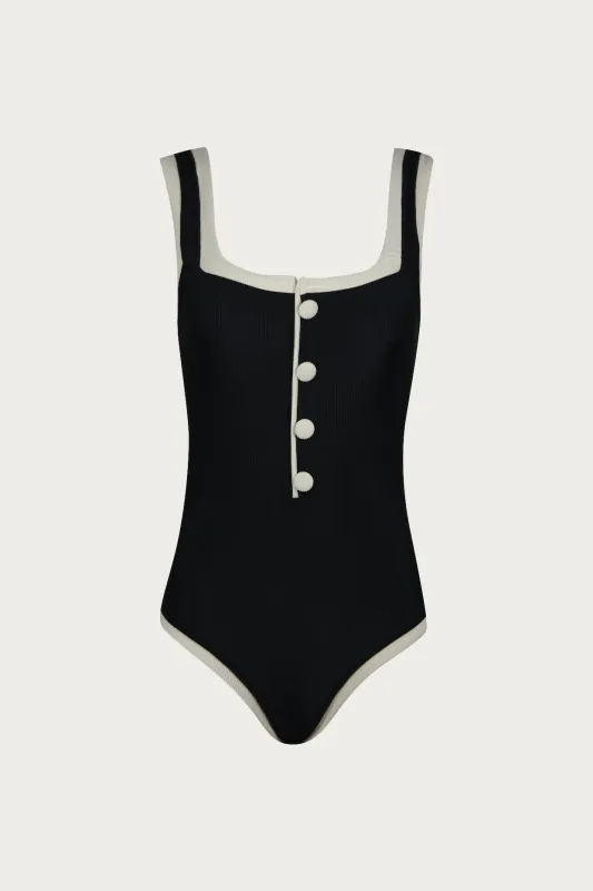 The Grace Tank One Piece (Ribbed Black/Cream) sold by SAME