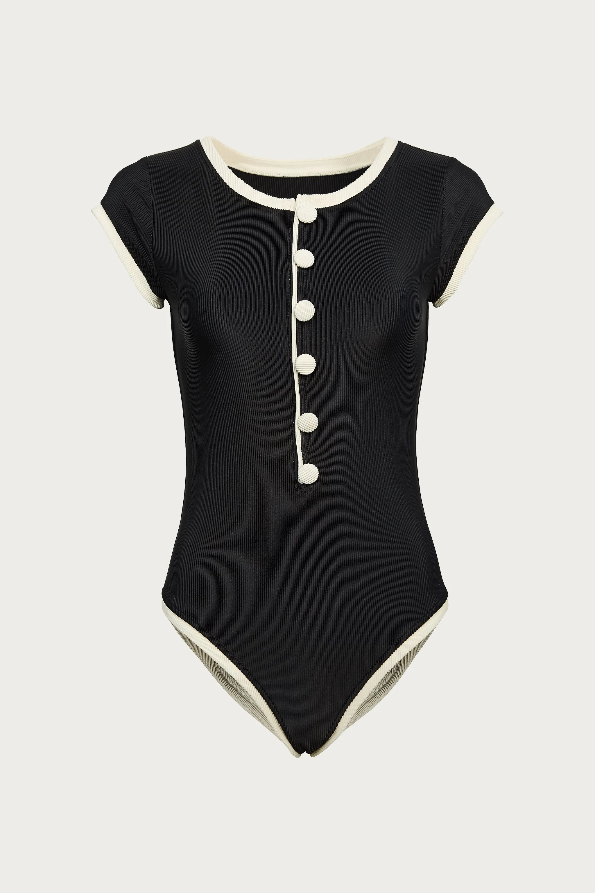 The Grace One Piece (Ribbed Black/Cream) sold by SAME