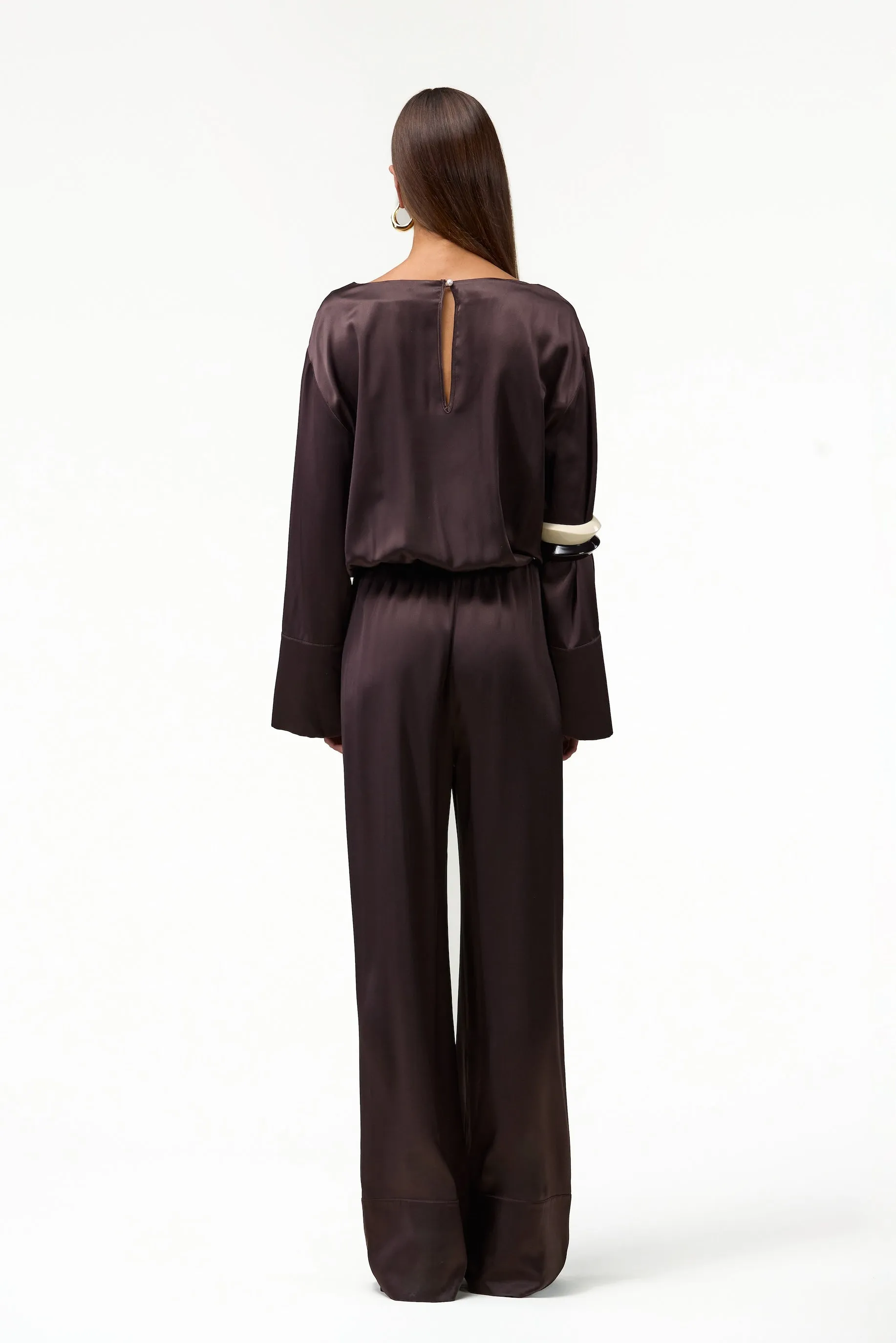 Long Sleeve Silk Jumpsuit (Chocolate Brown) sold by SAME product image thumbnail 3