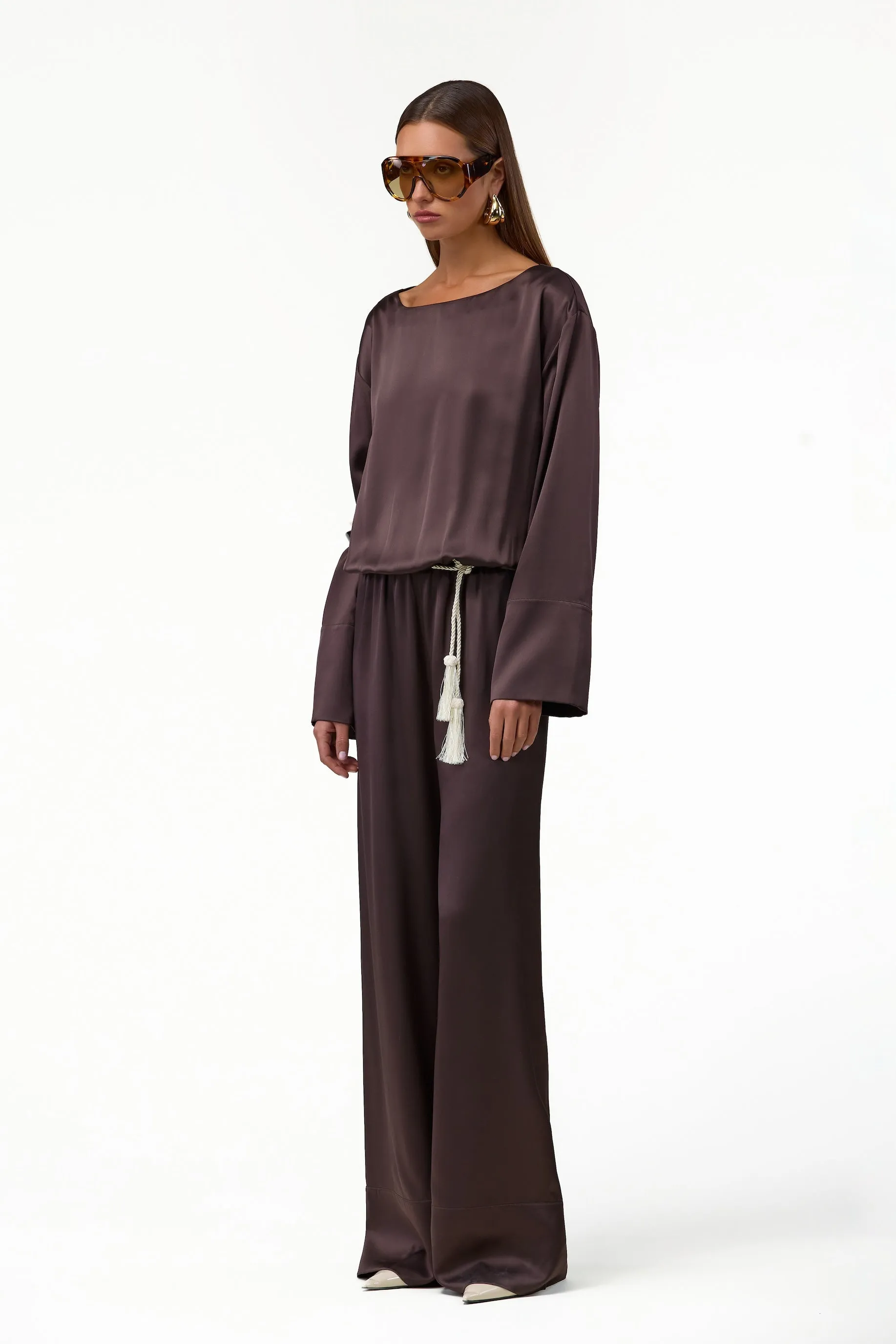 Long Sleeve Silk Jumpsuit (Chocolate Brown) sold by SAME product image thumbnail 2