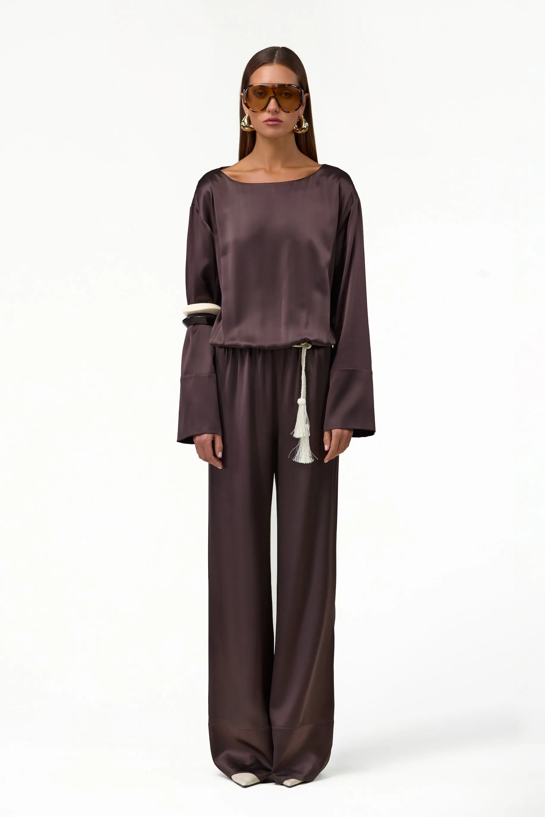 Long Sleeve Silk Jumpsuit (Chocolate Brown) sold by SAME