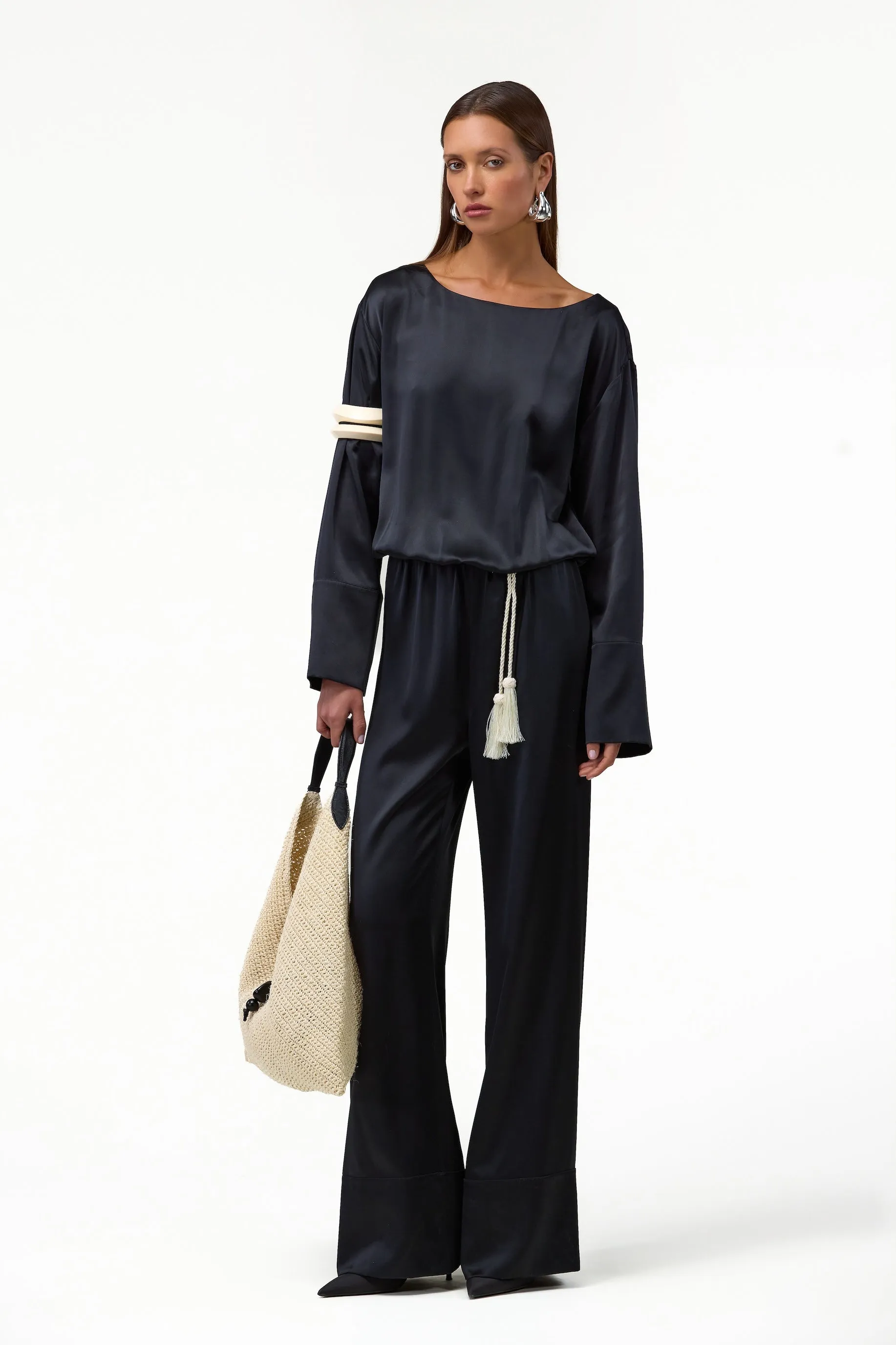 Long Sleeve Silk Jumpsuit (Black) sold by SAME