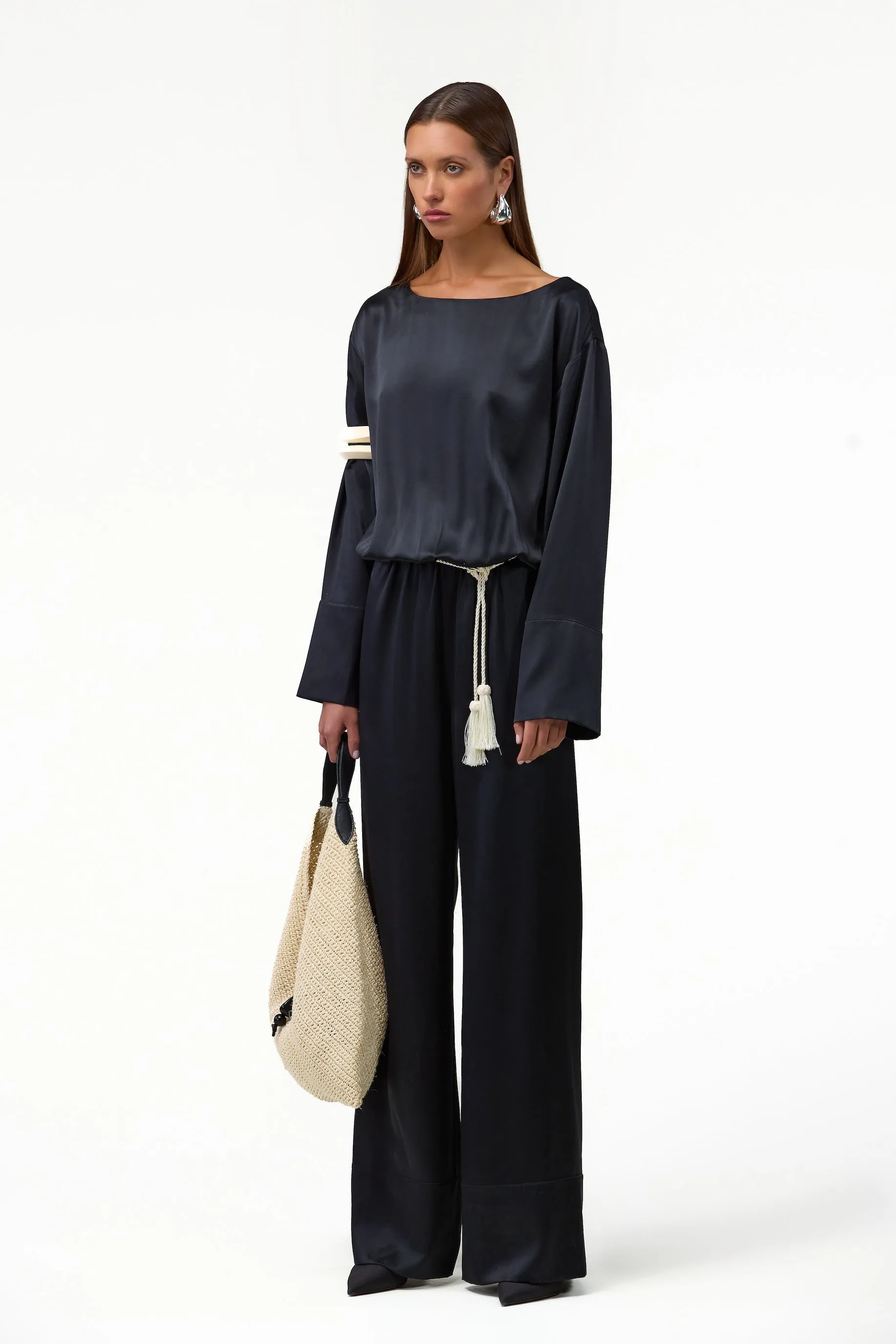 Long Sleeve Silk Jumpsuit (Black) sold by SAME product image thumbnail 2