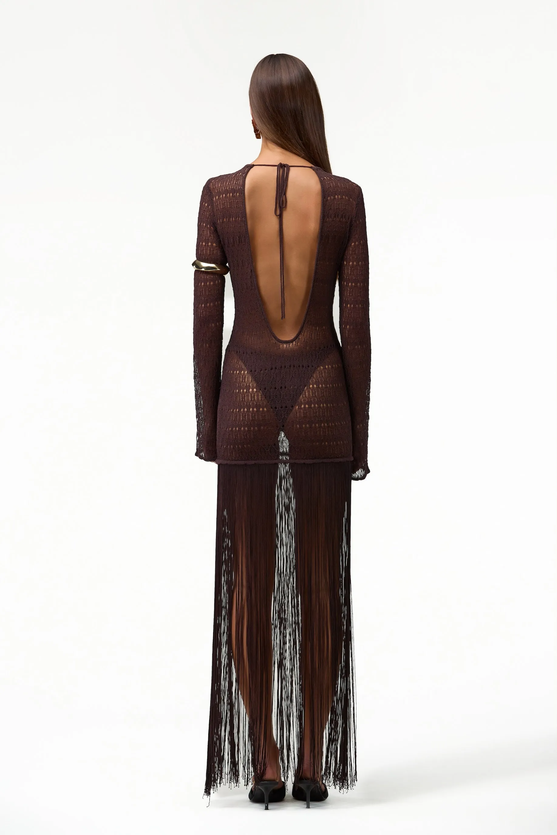 Long Sleeve Fringe Knit Maxi Dress (Chocolate Brown) sold by SAME product image thumbnail 3