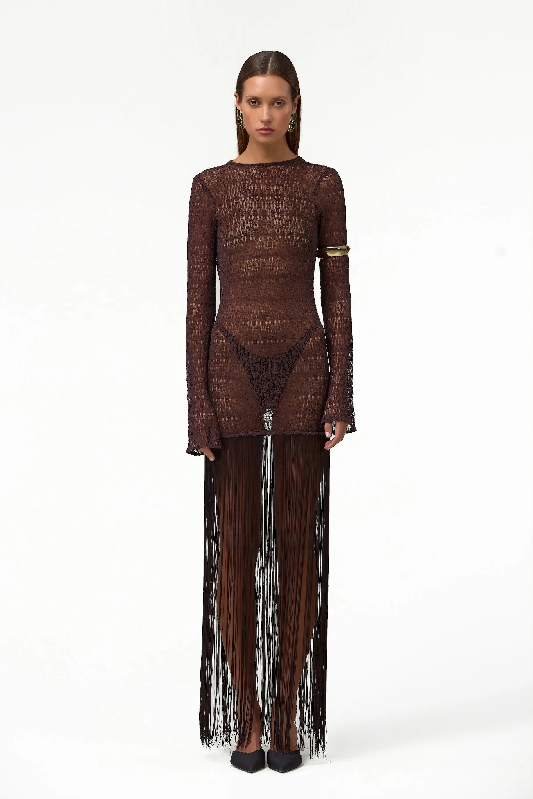 Long Sleeve Fringe Knit Maxi Dress (Chocolate Brown) sold by SAME