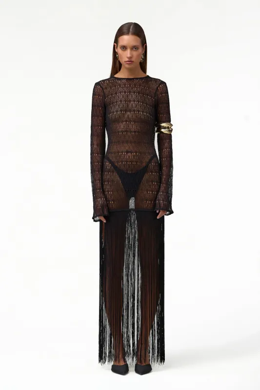 Long Sleeve Fringe Knit Maxi Dress (Black) sold by SAME