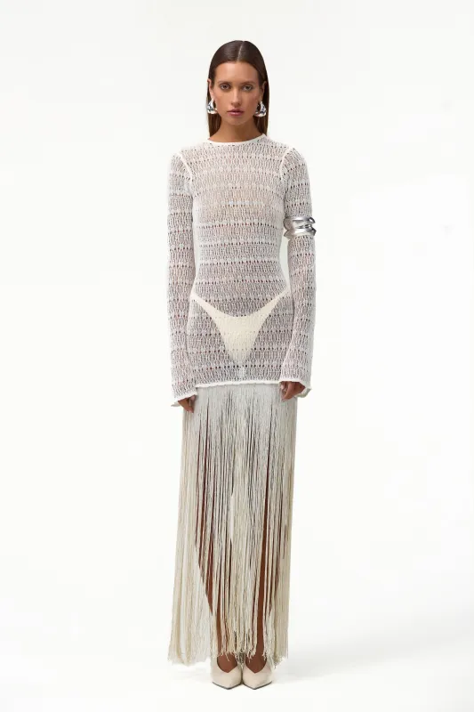 Long Sleeve Fringe Knit Maxi Dress (Cream) sold by SAME