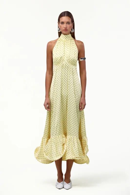 Halter Flounce Midi Dress (Yellow Polka Dot) sold by SAME