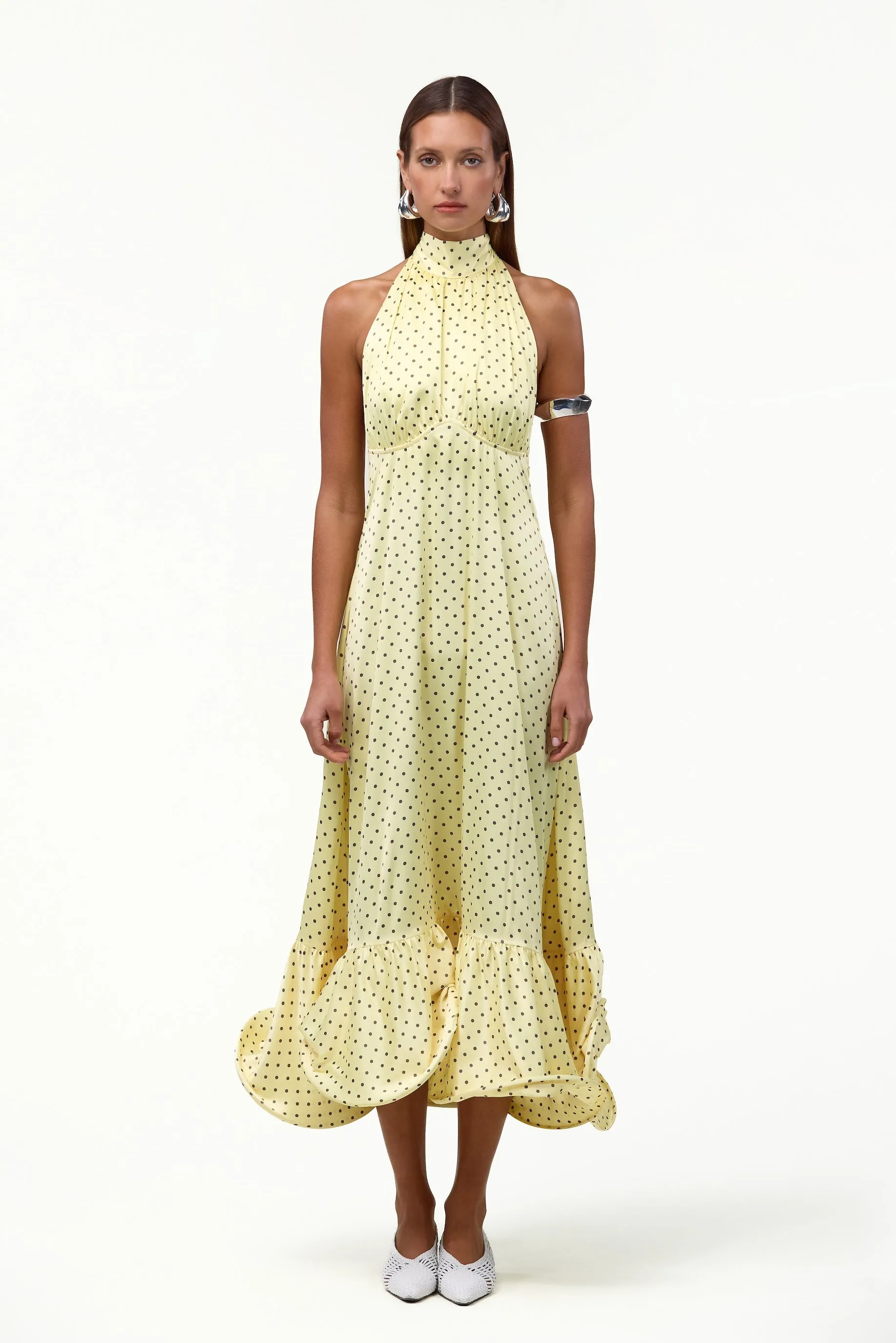 Halter Flounce Midi Dress (Yellow Polka Dot) sold by SAME