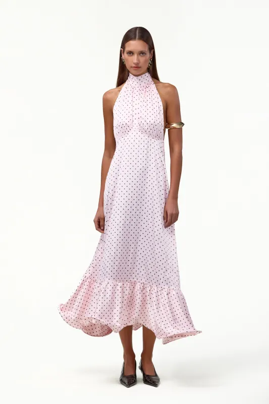Halter Flounce Midi Dress (Pink Polka Dot) sold by SAME
