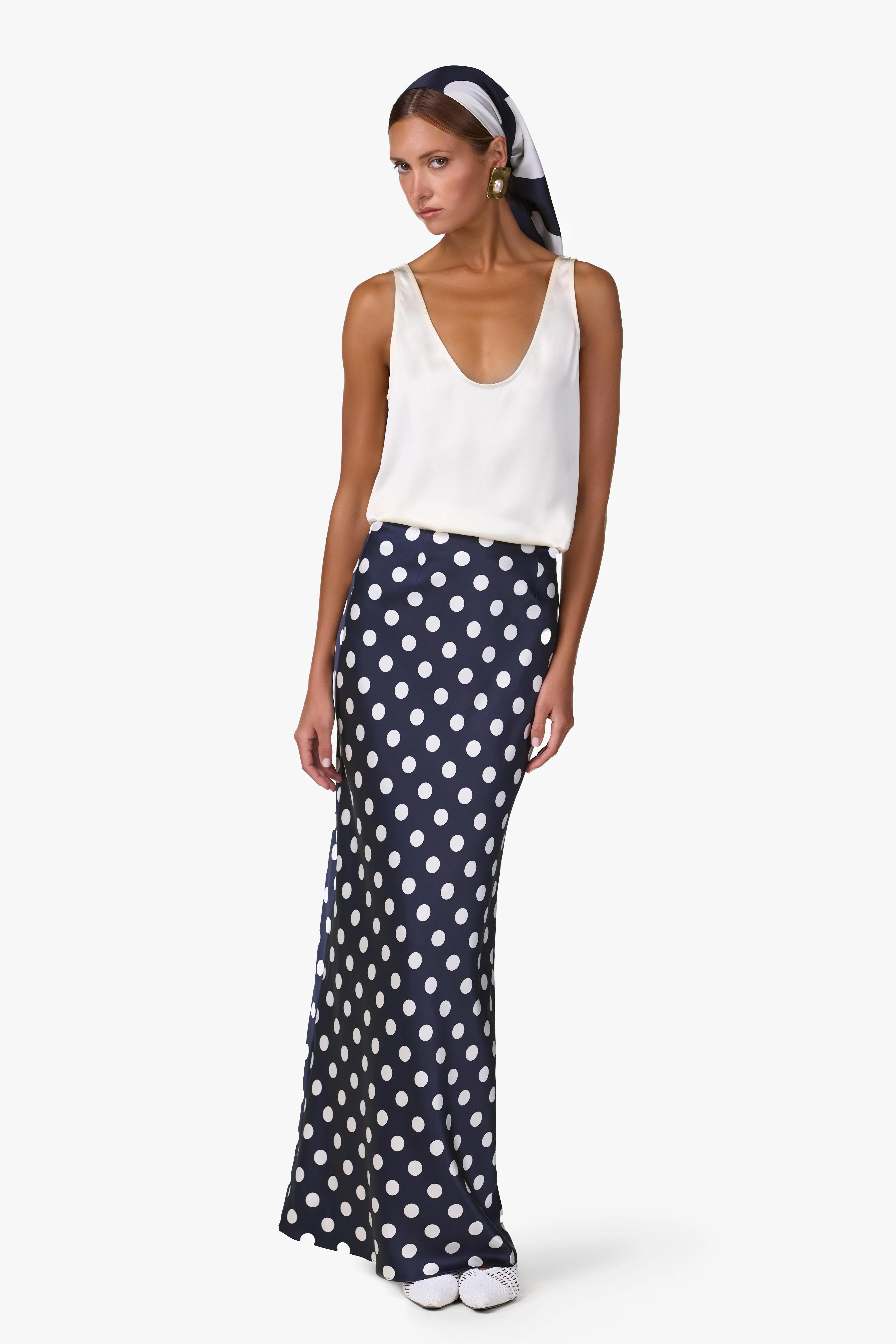 Silk Maxi Skirt (Navy Polka Dot) sold by SAME