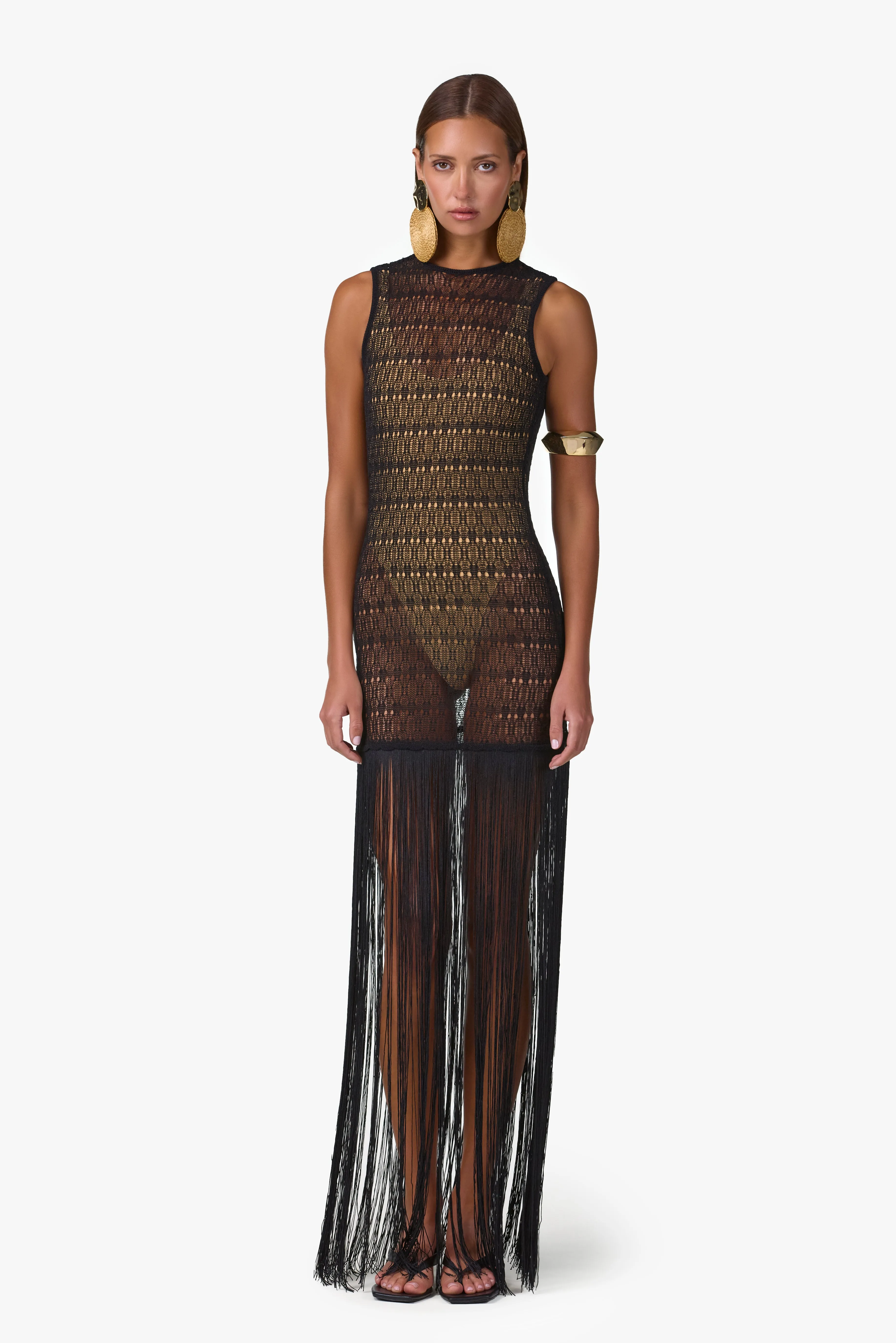 Fringe Knit Maxi Dress (Black) sold by SAME