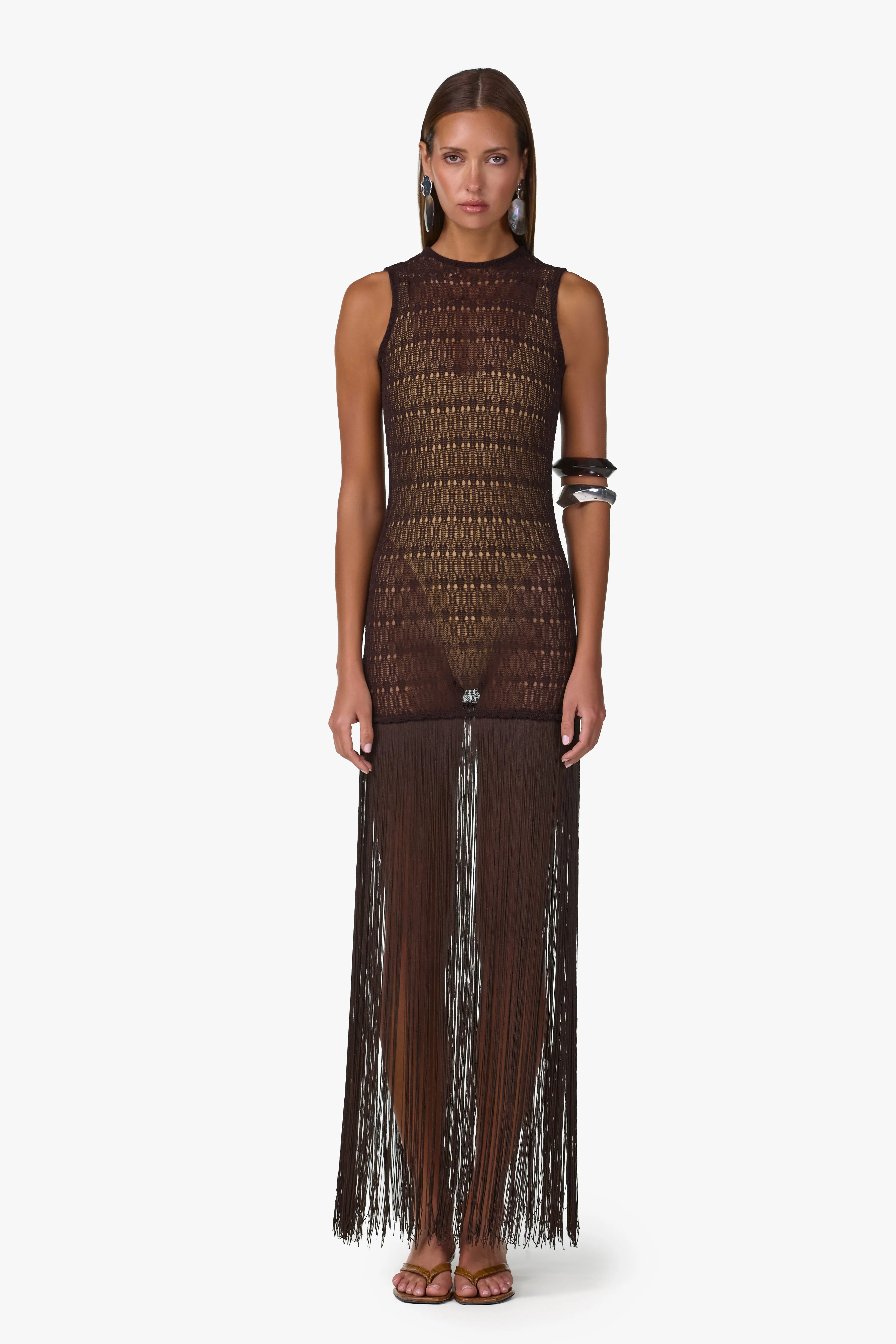 Fringe Knit Maxi Dress (Chocolate Brown) sold by SAME