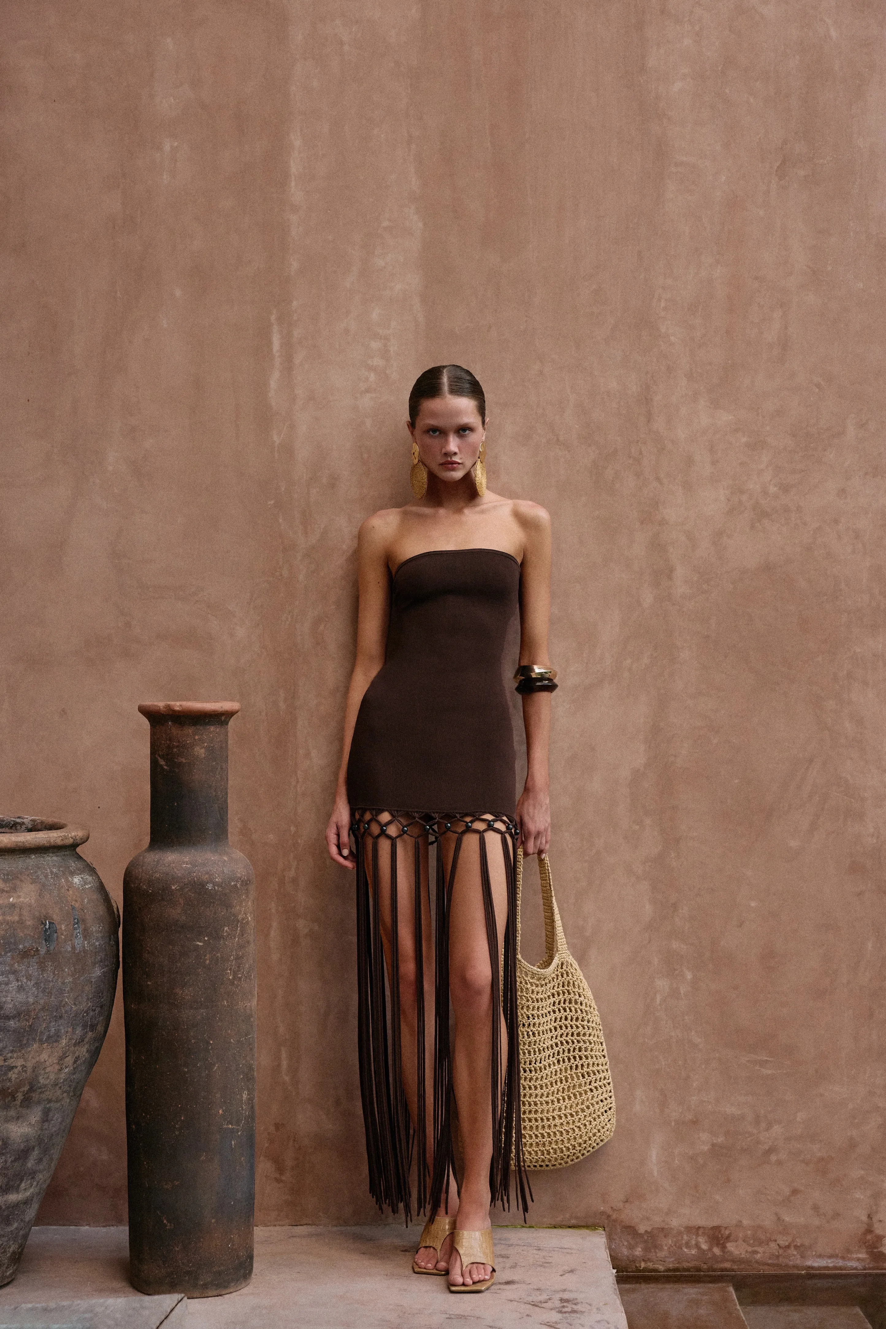 Strapless Beaded Fringe Dress (Chocolate Brown) sold by SAME product image thumbnail 4
