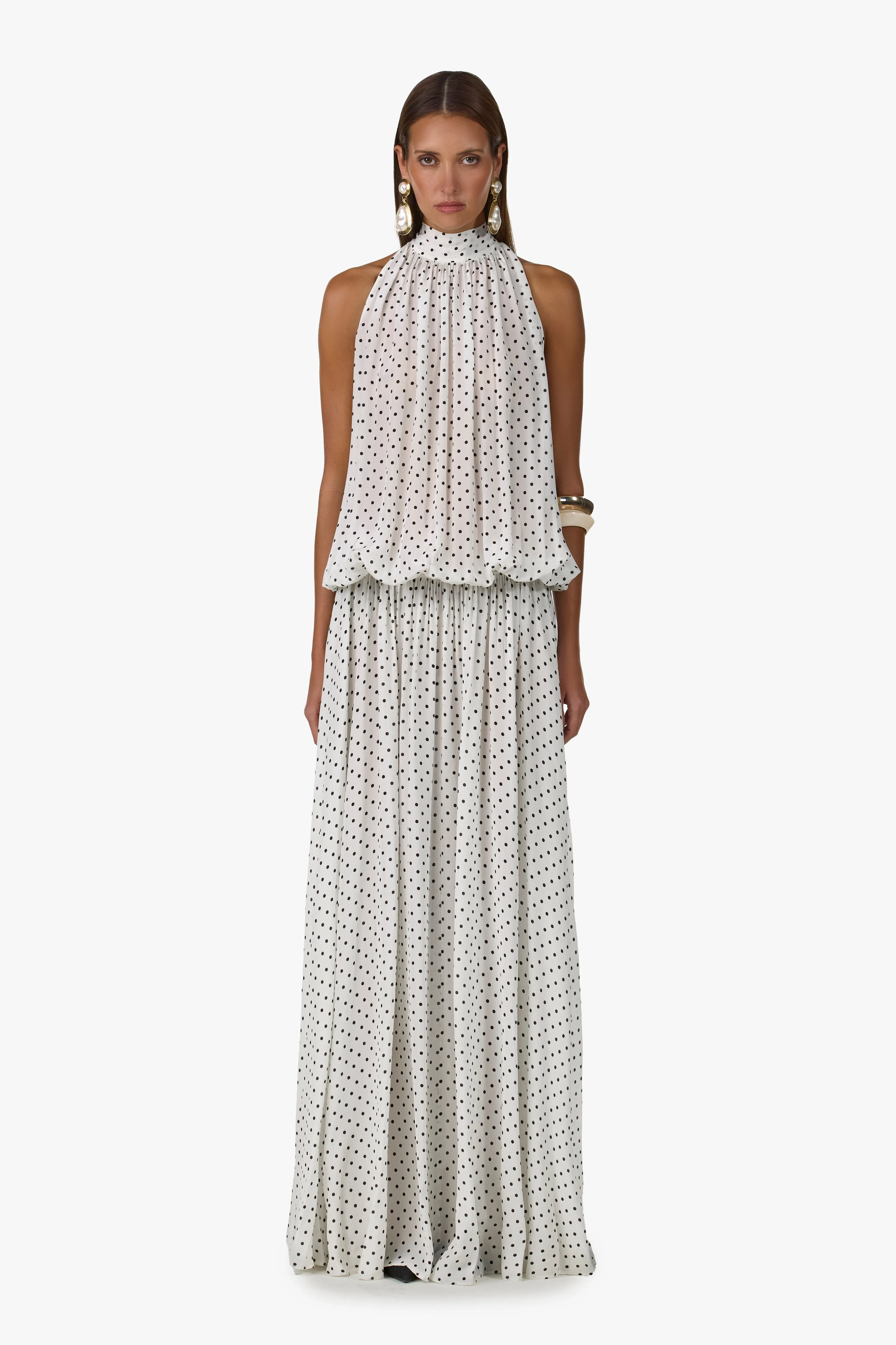 Drop Waist Chiffon Gown (Cream Polka Dot) sold by SAME
