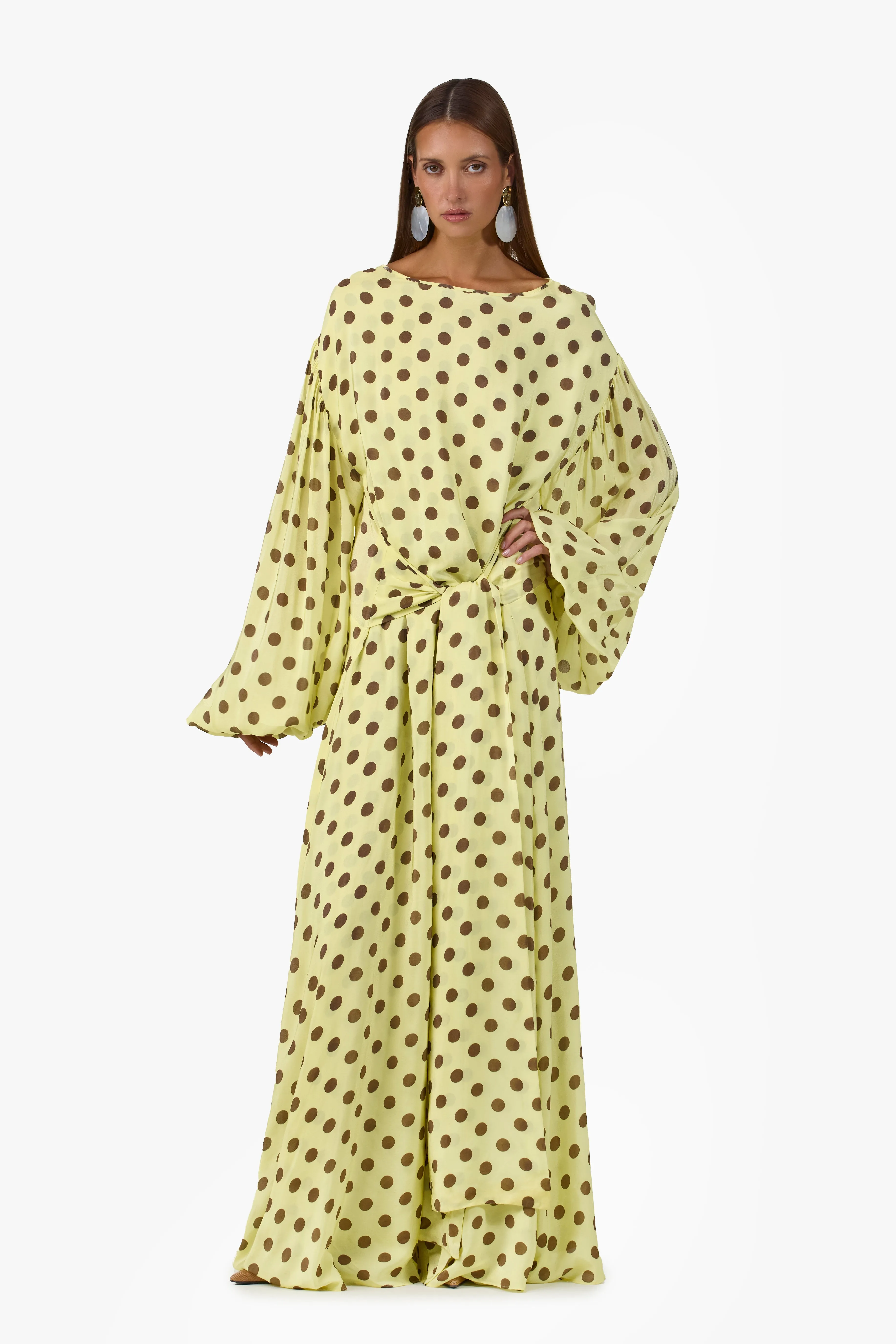 Draped Tie Chiffon Gown (Butter Yellow Polka Dot) sold by SAME