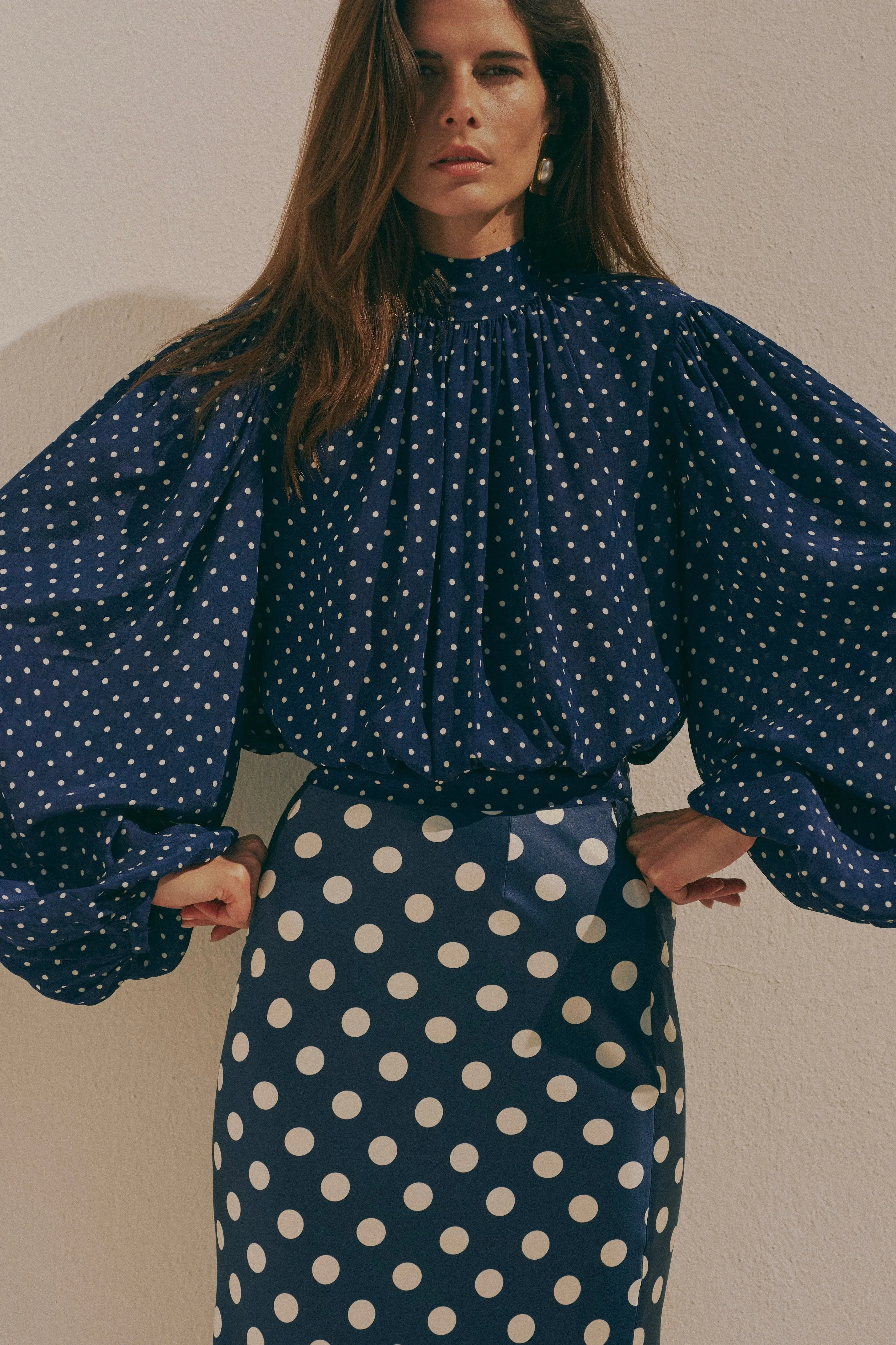 Draped Sleeve Chiffon Top (Navy White Polka Dot) sold by SAME product image thumbnail 2