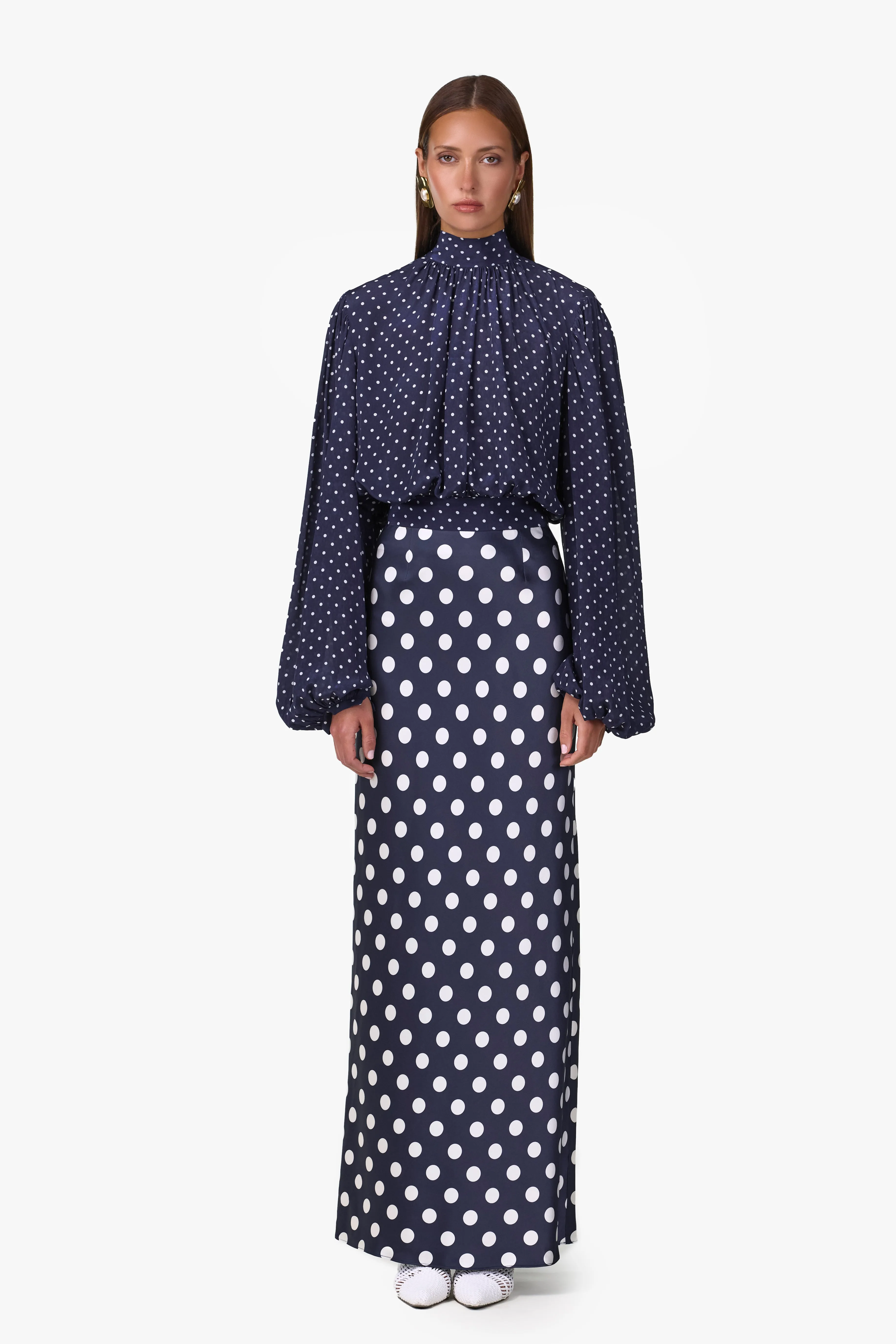 Draped Sleeve Chiffon Top (Navy White Polka Dot) sold by SAME