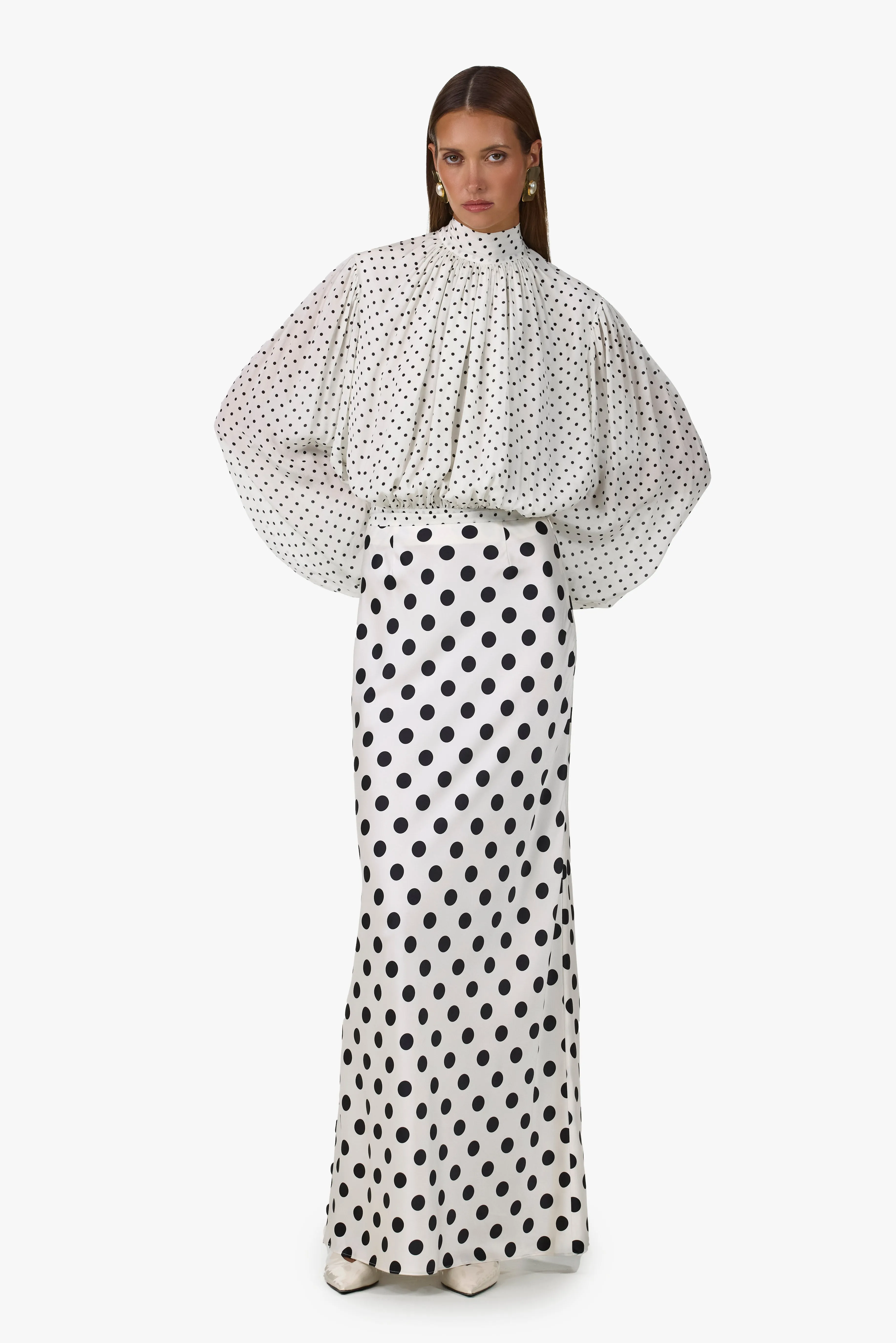 Draped Sleeve Chiffon Top (Cream Black Polka Dot) sold by SAME