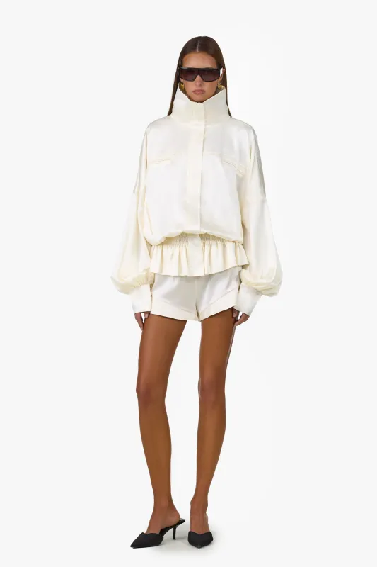Silk Peplum Bomber Jacket (Cream) made by SAME