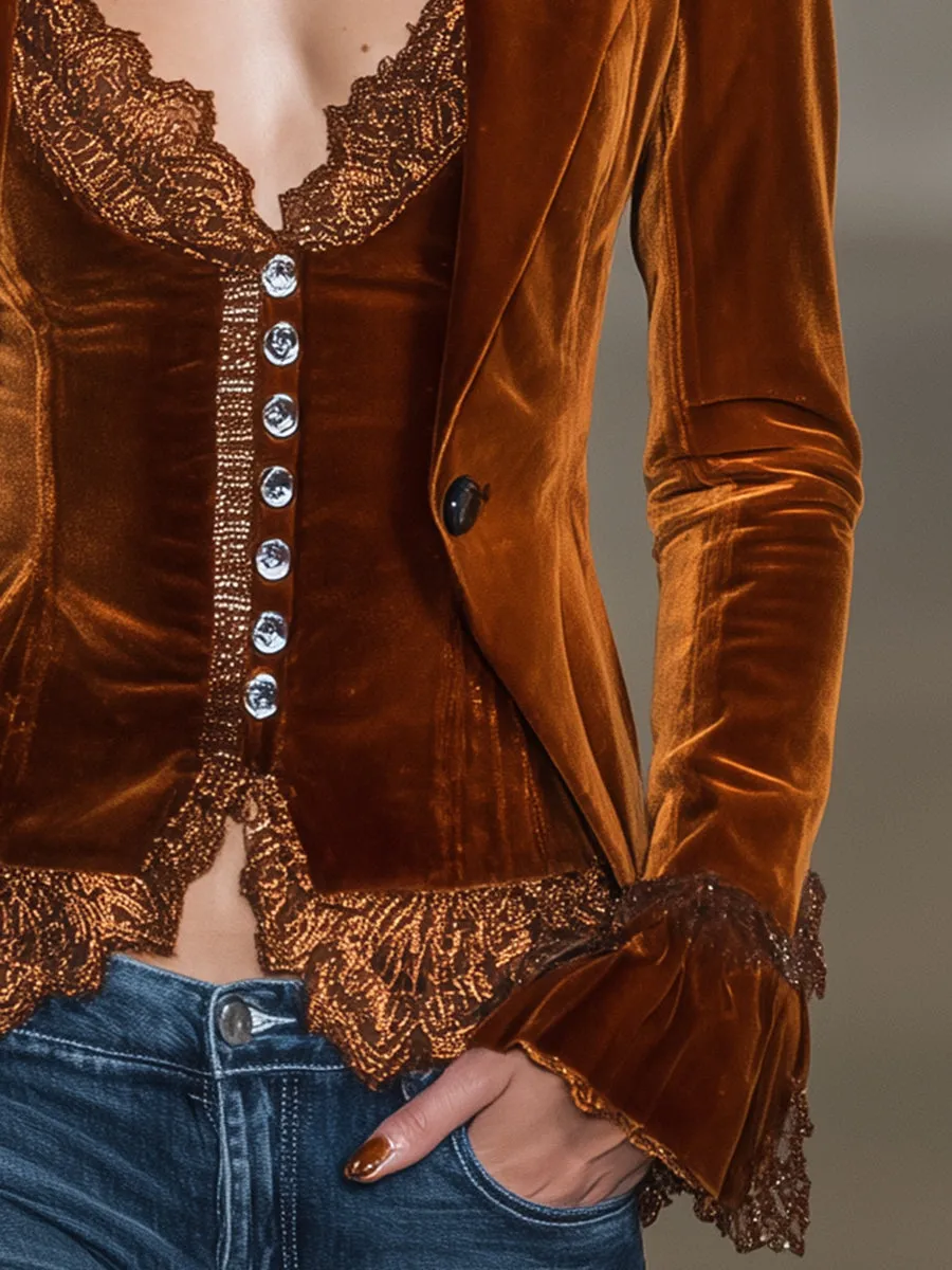 Elegant Velvet And Lace Fake Two-piece Button-down Suit sold by Oyrosy product image thumbnail 4