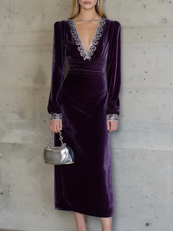 Elegant Purple V-neck  With White Embroidery Maxi Dress sold by Oyrosy