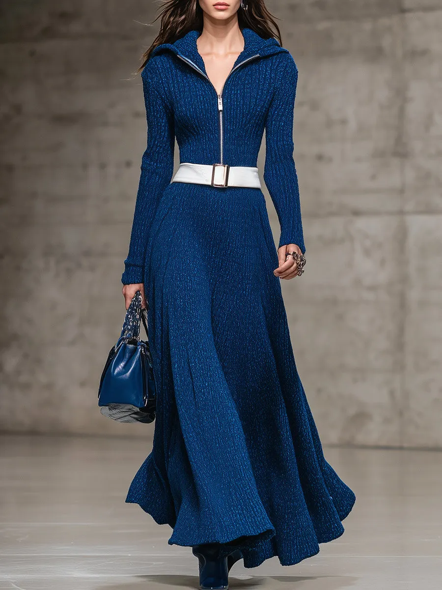 Elegant Blue Knitted Zipper Maxi Dress sold by Oyrosy