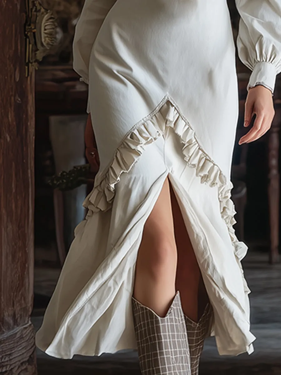 Exquisite Vintage White V-neck Ruffle Trim Front Slit Maxi Dress sold by Oyrosy product image thumbnail 4