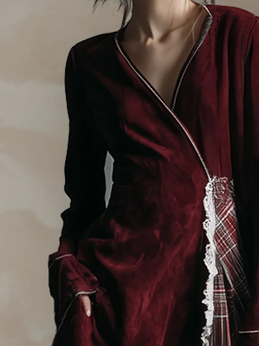 Vintage Burgundy Faux Suede Patchwork Plaid Lace Trim Maxi Dress sold by Oyrosy product image thumbnail 3