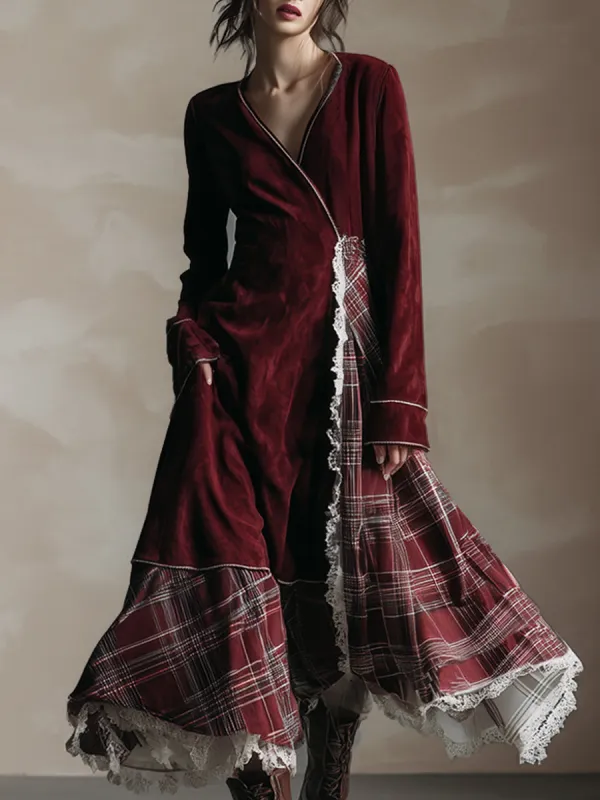 Vintage Burgundy Faux Suede Patchwork Plaid Lace Trim Maxi Dress sold by Oyrosy
